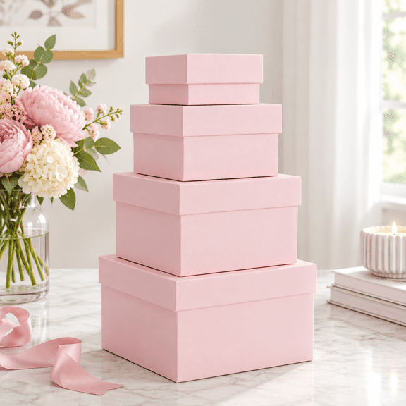 Pink 4-Piece Nesting Stackable Square Gift Box Set with Lids