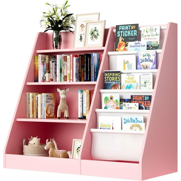 Pink 4-Tier Kids Wooden Bookshelf,5 Layer Sling Bookcase,Baby Storage Book Rack,Kids Book Toy Organizer Chest,Infant Toddler Front Facing Book Display,Playroom Classroom Nursery Church Bedroom