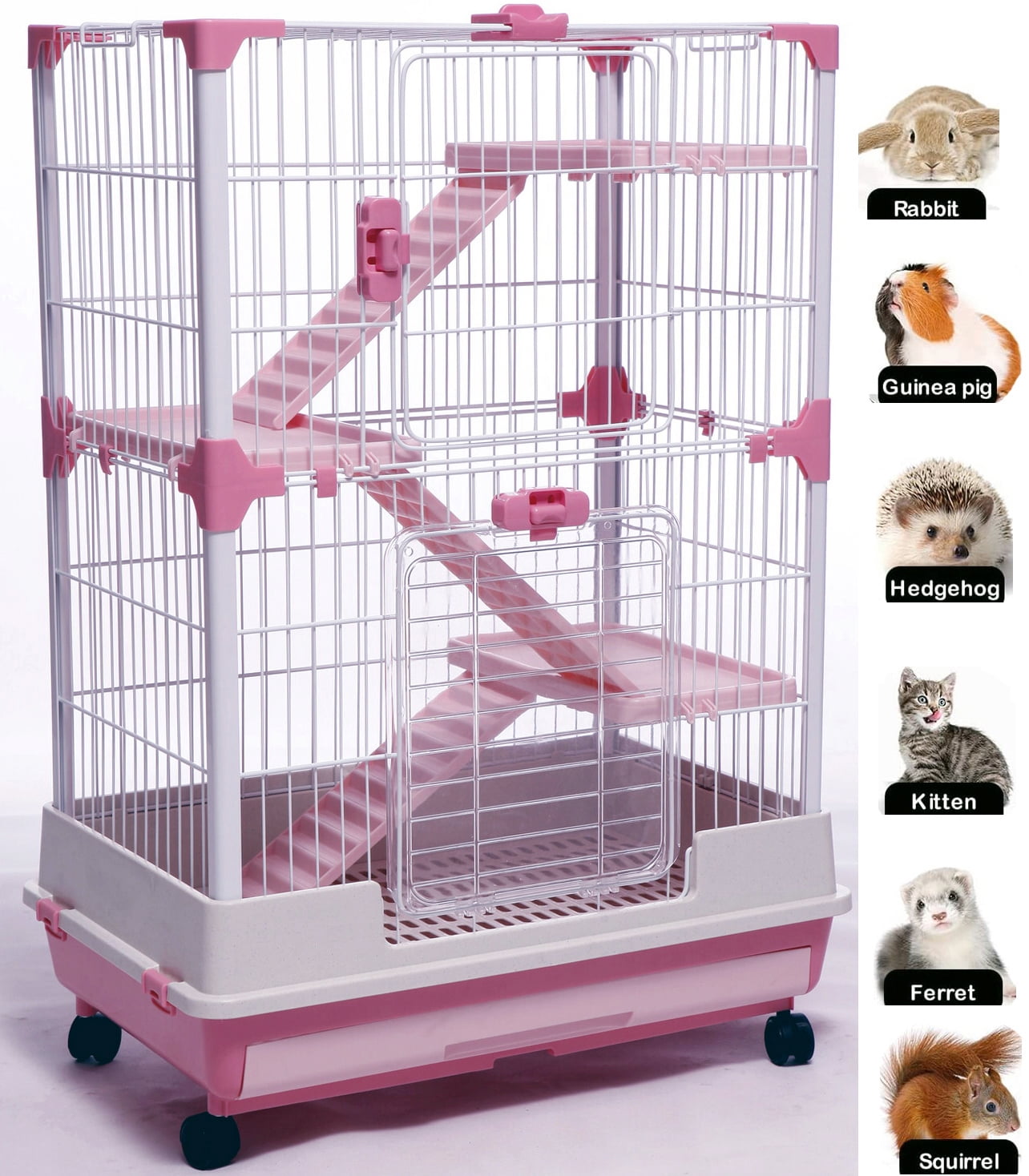 Pink 4 Tiers Deluxe and Durable Small Animal Critter Guinea Pig Rabbit Cage for Ferret Chinchilla Cat Playpen Hutch Solid Platform Ramp Pull Out