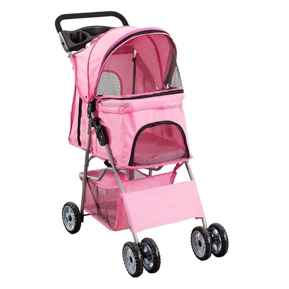 Pink 4 Wheel Pet Stroller for Cat, Dog and More, Foldable Strolling Cart, STROLR-V001N