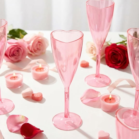 Pink 48 Pcs Valentine Plastic Champagne Flute Glasses 3 oz Heart Shape Elegant Cocktail Toasting Glasses Wedding Party Supplies