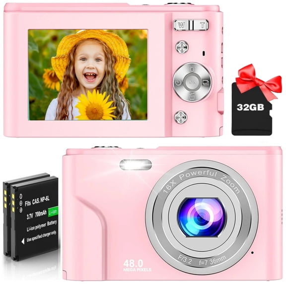 Pink 48MP 1080P Digital Camera for Kids, 16X Zoom Point and Shoot Camera, Easy Use Xmas Gift