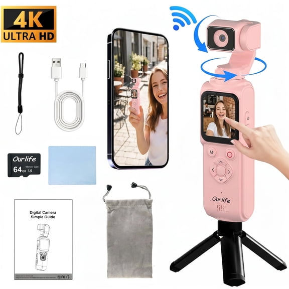 Pink 4K Pocket Gimbal Camera, 330 Rotation, 1.72" Touch Screen, Face Tracking, 2400mAh Battery, 64GB Card, for Content Creators