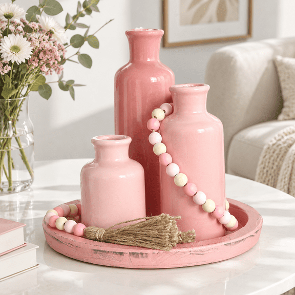 Pink 5-Piece Coffee Table Decor Set with Ceramic Vases, Wooden Tray and Bead Garland