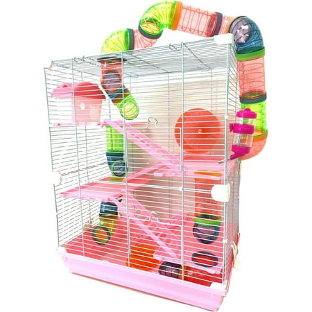 Pink 5-Tier Mansion Hamster Mouse Gerbil Cage Habitat Home with Water Bottle, Food Bowl, Running Wheel, Hide House and Cross Tier Play Tubes