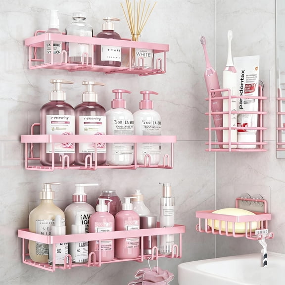 Pink 5-piece bathroom storage rack set, bathroom organizer, bathroom accessories, home gift. Must-have storage for apartments.