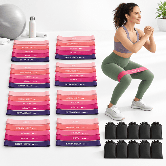 Pink 50 Pack Color-Coded Loop Resistance Bands for Gym, Yoga, Pilates and Rehab