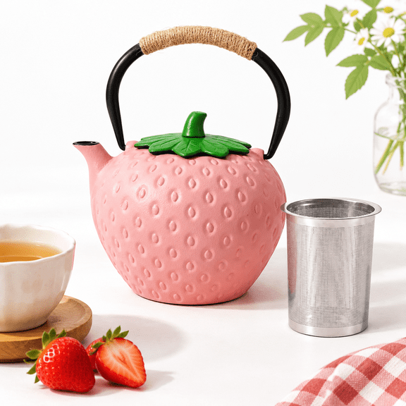 Pink 50 fl oz (1500 ml) Cast Iron Strawberry Teapot with Extended Infuser