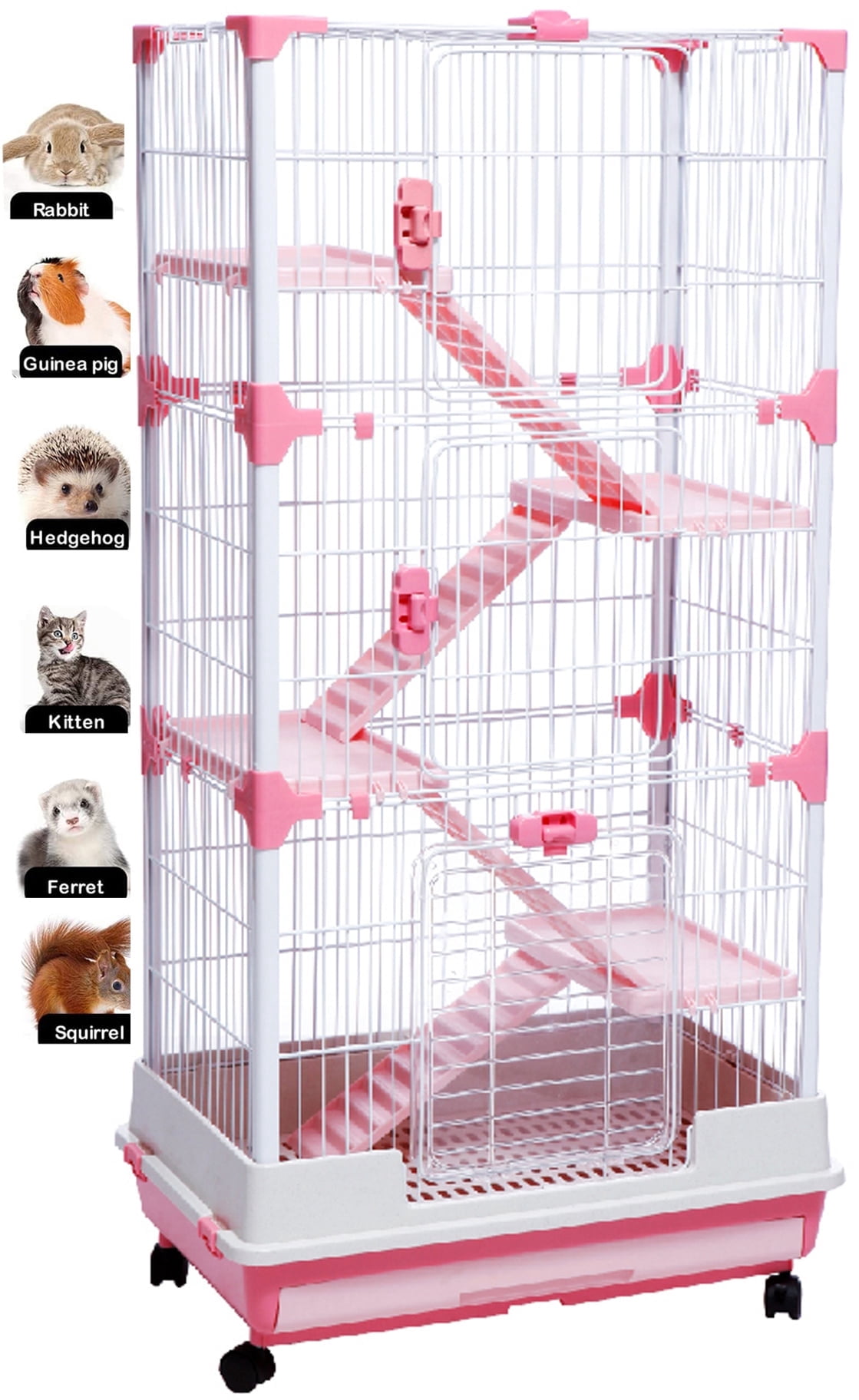 Pink 53'' EXTRA LARGE 5-Levels Deluxe and Durable Indoor Guinea Pig Ferret Rabbit Small Animal Cage Hutch Pull Out Tray with 3 Front Doors