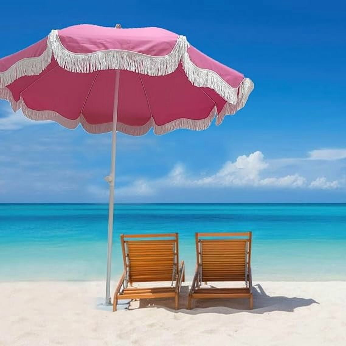 Pink 6.5ft Market Patio Umbrella with Fringe, Tilt, Adjustable Height, UV50+, Waterproof