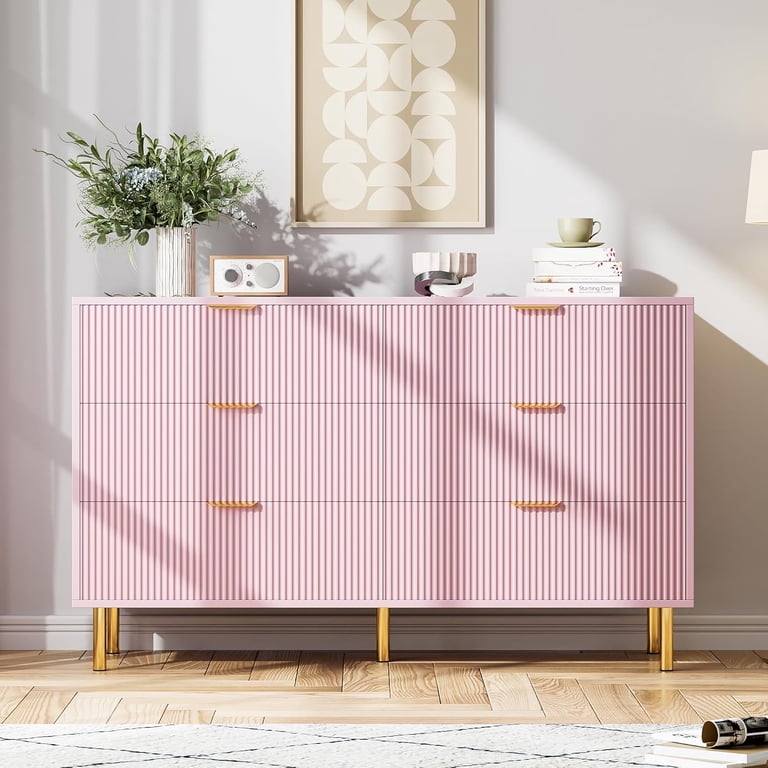 Pink 6 Drawer Dresser, Modern 6 Drawer Dresser for Bedroom with Gold Handle and Large Drawer, Wood Double Chest of Drawers and Storage Organizer for Living Room, Hallway, Entryway