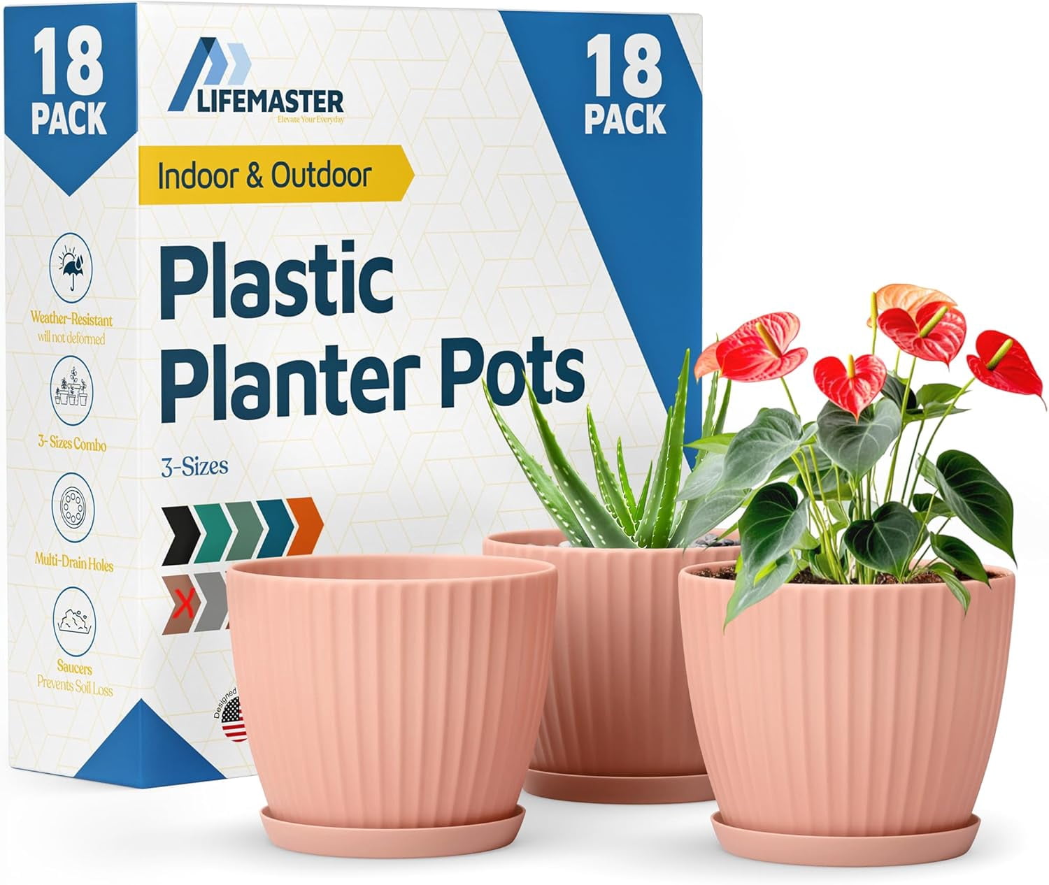 Pink 6-Inch Plant Pots with Drainage & Saucers 18 Pack, Indoor & Outdoor Planters for Houseplants, Herbs, and Flowers, Durable & Weatherproof Material, Stackable, Lightweight, Minimalist Design