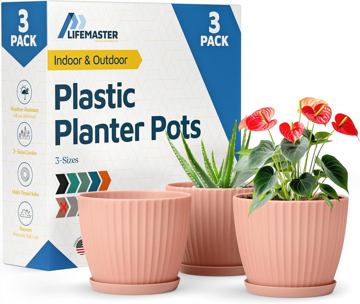 Pink 6-Inch Plant Pots with Drainage & Saucers 3 Pack, Indoor & Outdoor Planters for Houseplants, Herbs, and Flowers, Durable & Weatherproof Material, Stackable, Lightweight, Minimalist Design