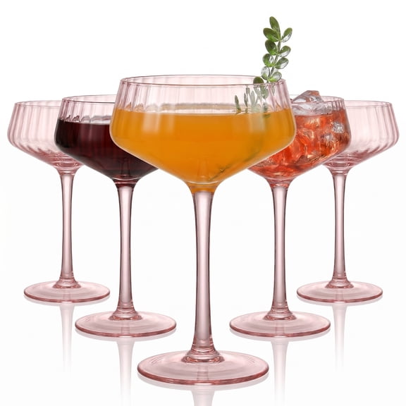 Pink 6 Pcs Ribbed Coupe Glasses, Vintage Martini Glasses Set