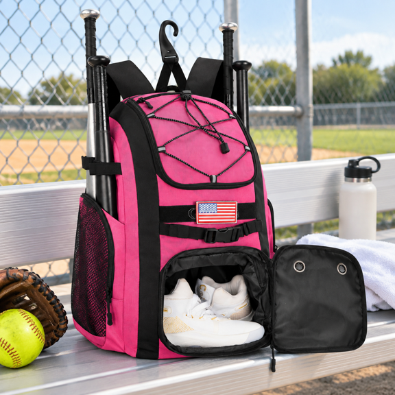 Pink 60L Baseball Backpack Holds 4 Bats with Shoe Compartment and Fence Hook