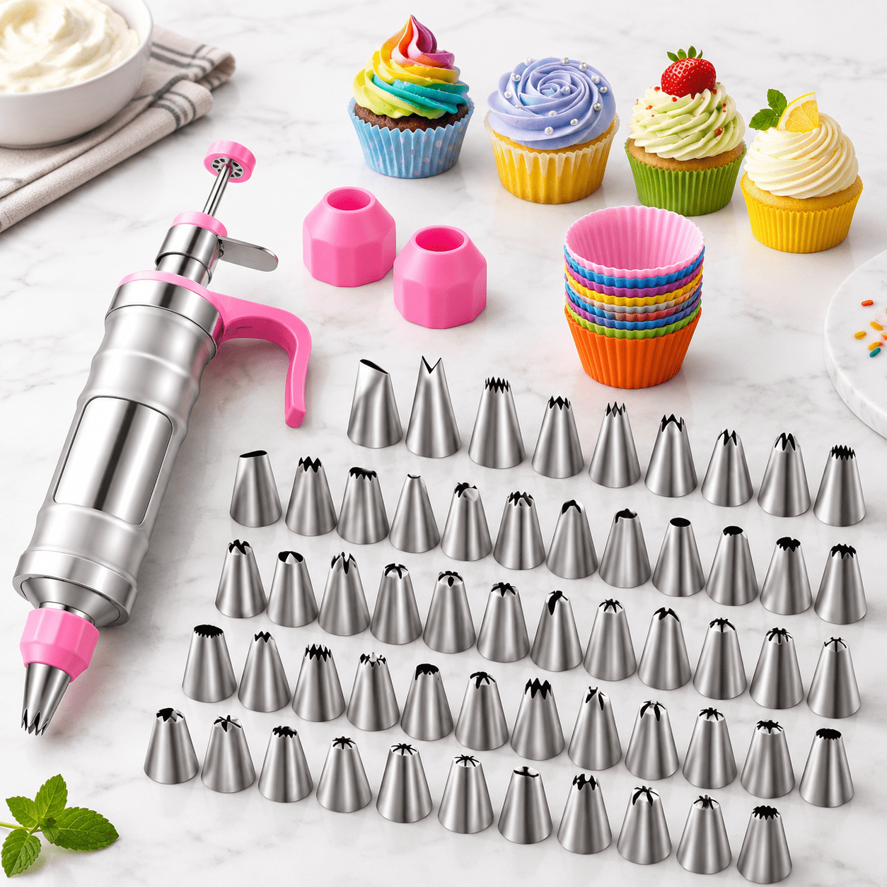 Pink 66-Piece Dessert Decorating Set with Piping Tips and Silicone ...