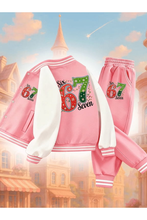 Pink 67 Seven Tracksuit Varsity Jacket set funny girl pink regular fit Single Breasted Placket Regular Fit for Fall/Winter, Perfect for Outdoor for Outdoor baggy name plain funny 3 to 10 years old