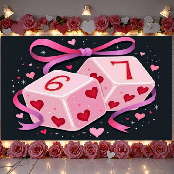 Pink 6th Birthday Banner Heart Pattern 7th Birthday Backdrop Number 6-7 Design Ribbon Decoration Love Theme Display for 6th Birthday Party 7th Birthday Celebration Girls' Birthday Event