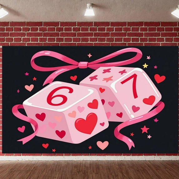 Pink 6th Birthday Banner Heart Pattern 7th Birthday Backdrop Number 6-7 Design Ribbon Decoration Love Theme Display for 6th Birthday Party 7th Birthday Celebration Girls' Birthday Event