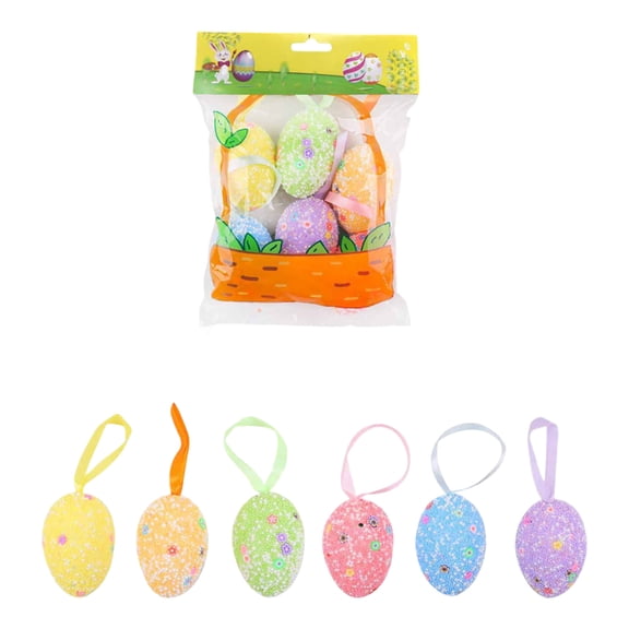 Pink 6x4cm Foam Easter Egg Ornaments, 6 Pack Hanging Decor with Ribbon for Spring Party Classroom Supply