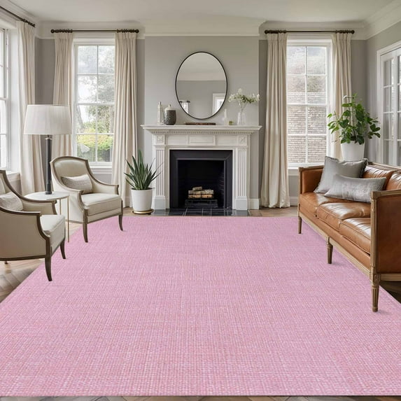 Pink 6x9 Area Rugs, Farmhouse Burlap Solid Pink Color Modern Linen Texture Non-Skid Rubber Backing Large Rectangle Rugs - Living Room Bedroom Home Office, Indoor Floor Mat Carpets Washable Rug
