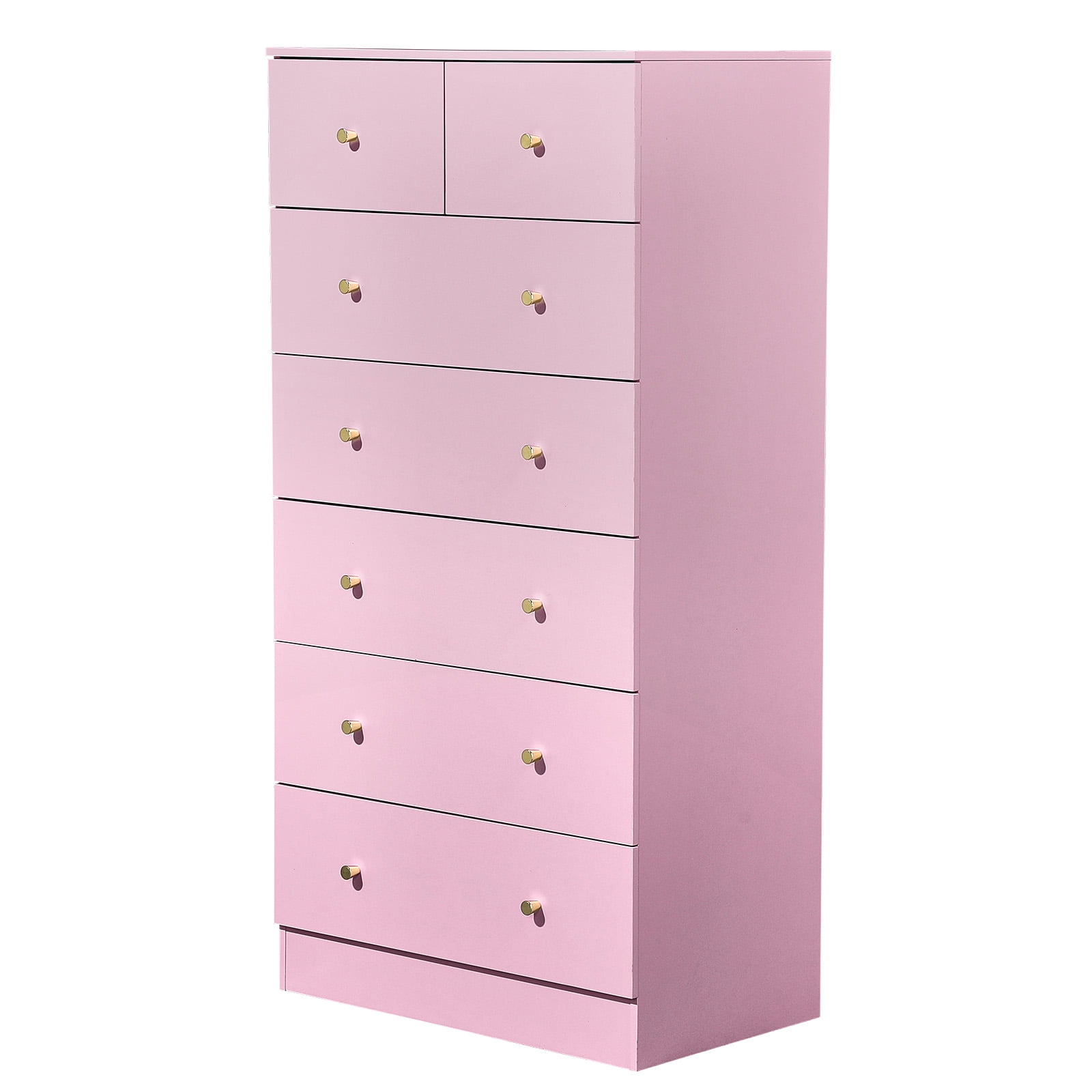 Pink 7 Drawer Cabinet, Matte Gold Handles Textured Linen-Laminate Particle Board Cabinet, Tall Space-Saving Storage Organizer for Home Office Bedroom Living Area