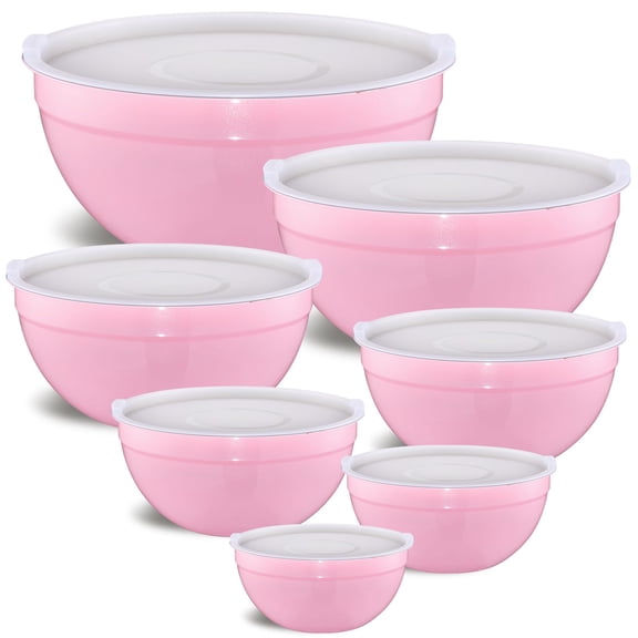 Pink 7 Pieces Stainless Steel Nesting Mixing Bowl Set For Baking, Prepping And Serving Food