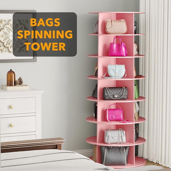 Pink 7 Tier Spinning Shoe Tower Rotating Shoe Carousel 360 Degree Revolving Shoe Rack Storage Space Saving Vertical Organizer for Closet Handbag and Shoe Display