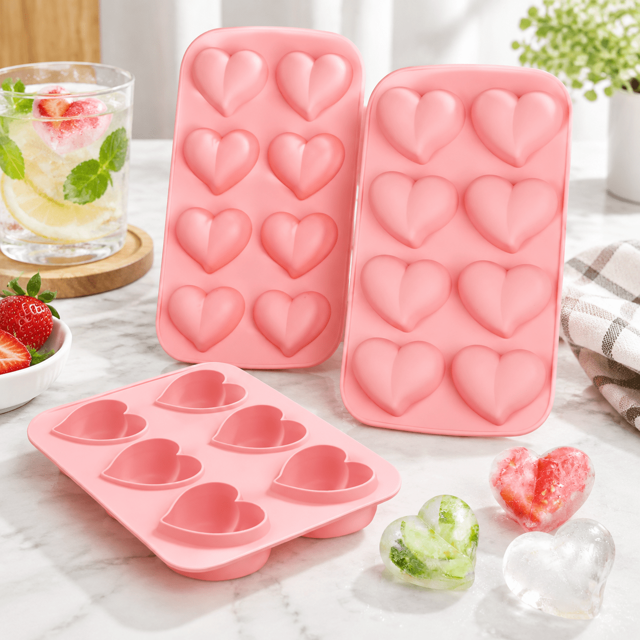 Pink 8-Cavity Silicone Heart Shaped Ice Cube Mold Trays, Pack of 3 ...