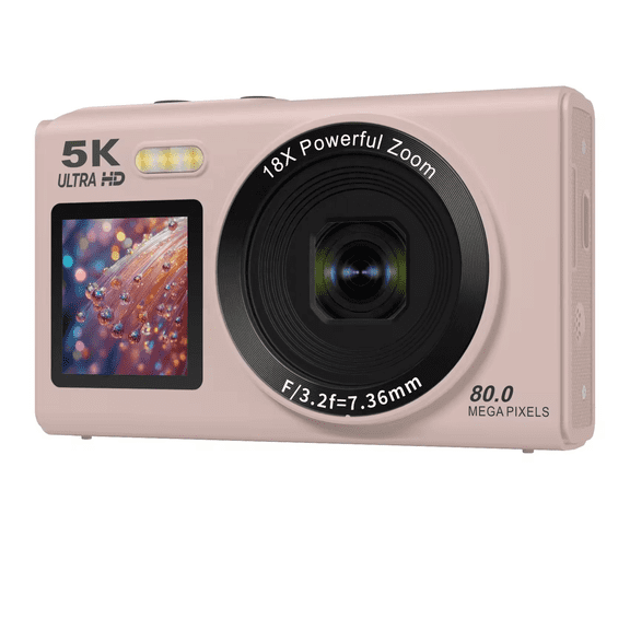 Pink 80MP Digital Camera, 5K Video, 18X Zoom, Flash, for Vlogs & Travel