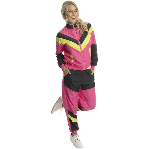 Pink 80s Fashion Shell Suit, Sports Theme for Adult Women Halloween Cosplay Costume, 1980s Neon Retro Theme Windbreaker Tracksuit, Size L Large