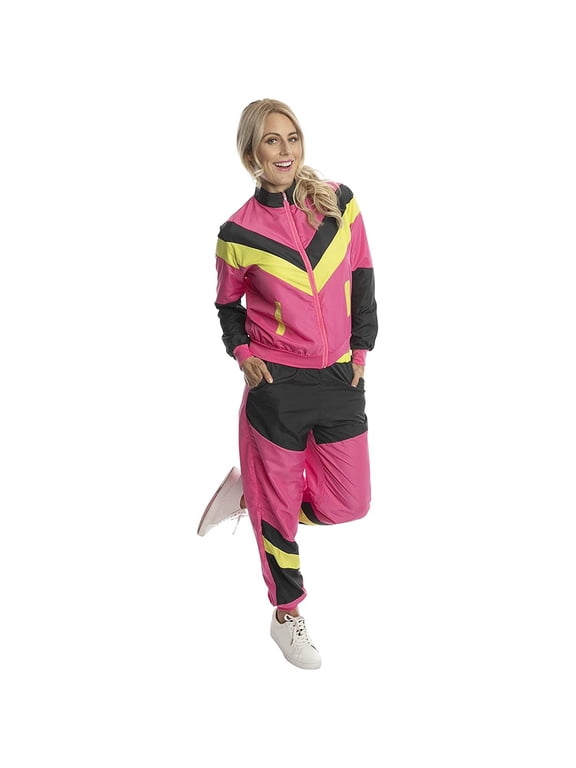 Pink 80s Fashion Shell Suit, Sports Theme for Adult Women Halloween Cosplay Costume, 1980s Neon Retro Theme Windbreaker Tracksuit, Size X Large