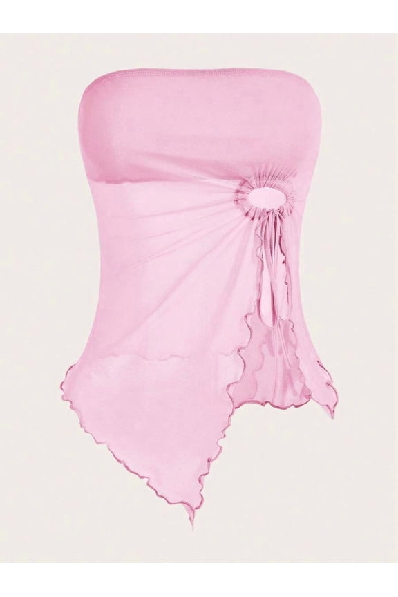 Pink 95% Cotton Drawstring Asymmetrical Hem Sheer Fitted Tube Top