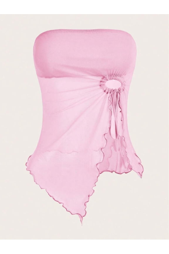 Pink 95% Cotton Drawstring Asymmetrical Hem Sheer Fitted Tube Top