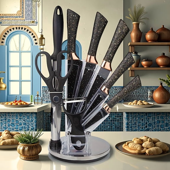 Pink 9pcs Kitchen Knife Set with Acrylic Stand, Professional Chef's Knives for Meat, Bread, Vegetables, Includes Peeler & Sharpener, Stainless Steel Non-Stick Handle
