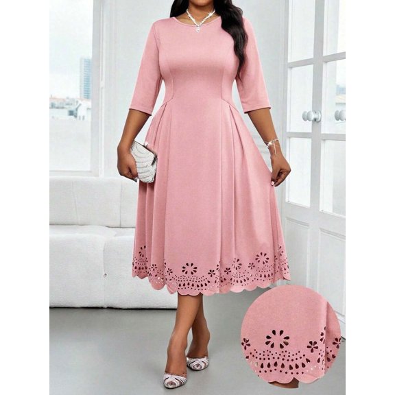 Pink A-Line Plus Size Dress With Floral Cutout Hem