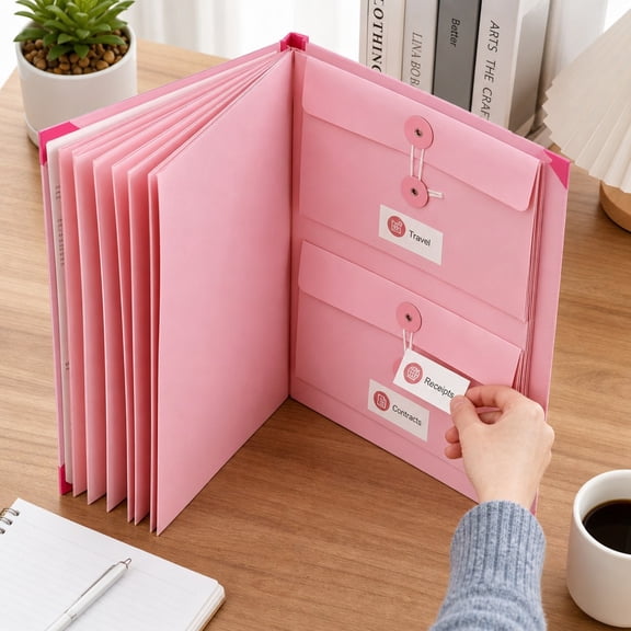 Pink A4 Accordion File Folder, Expanding 5cm Thick Document Organizer with Pockets for Certificates Papers