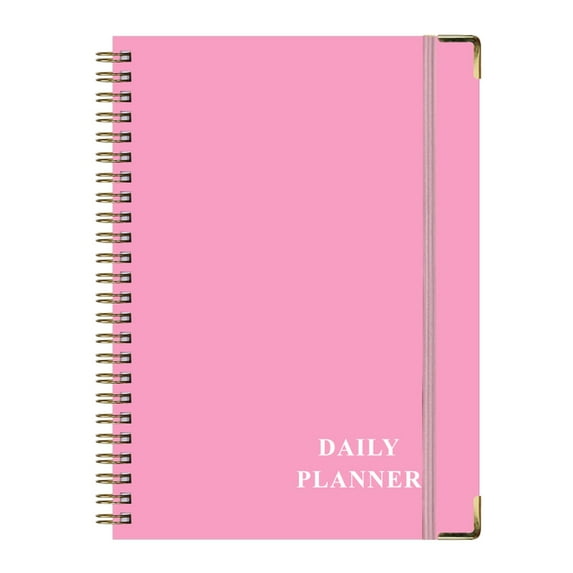 Pink A5 Coil Notebook - Work Record Time Management Schedule Book With Portable Size, Premium Leather Cover, 162 Pages, Ribbon Bookmark, Daily Hourly Layout For Daily Scheduling,