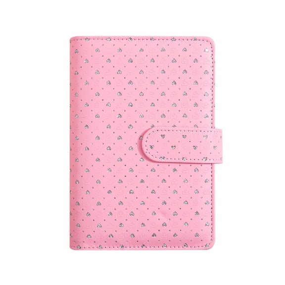 Pink A6 Binder Cover, 6-Ring PU Leather Notebook Case with Rhinestone Heart Pattern, Budget Binding Clip Cover with Card Slots & Pen Loop,Gift for Stationery Lovers