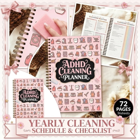 Pink ADHD Cleaning Planner for Adults Women – Reusable Laminated Deep Clean Checklists, Gentle Daily & Weekly Cleaning System, No-Bleed Paper, Waterproof PVC Cover, Spiral Bound Calendar Planner