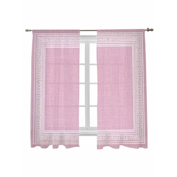 Pink Abstract Art Sheer Curtains 72 Inch Long 2 Panels, Vintage Linen Greek Key Geometric Light Filtering Rod Pocket Semi Sheer Curtains, Sheer Voile Drapes for Living Room Bedroom, 52"x72"