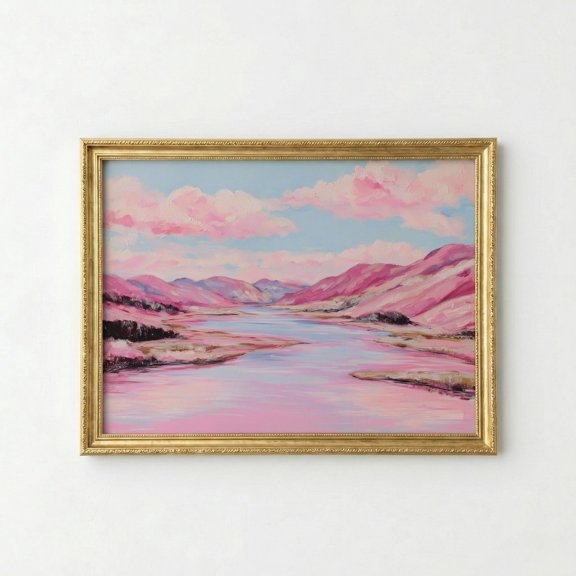 Pink Abstract Dreamy Mountain River Colorful Impasto Whimsical Clouds Wall Decor for Home, Unframed Poster