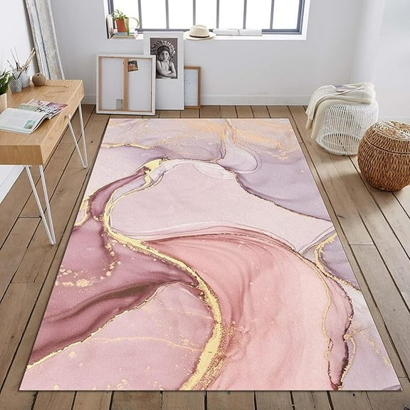 Pink Abstract Marble Texture Area Rug, Luxury Gold Plating Indoor Non-Slip Kids Decor Rugs, Machine Washable Breathable Durable Carpet For Front Entrance Floor Decor 2 x 3ft