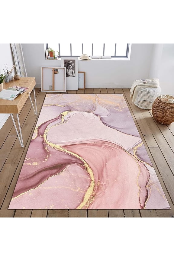 Pink Abstract Marble Texture Area Rug, Luxury Gold Plating Indoor Non-Slip Kids Decor Rugs, Machine Washable Breathable Durable Carpet For Front Entrance Floor Decor 2 x 3ft