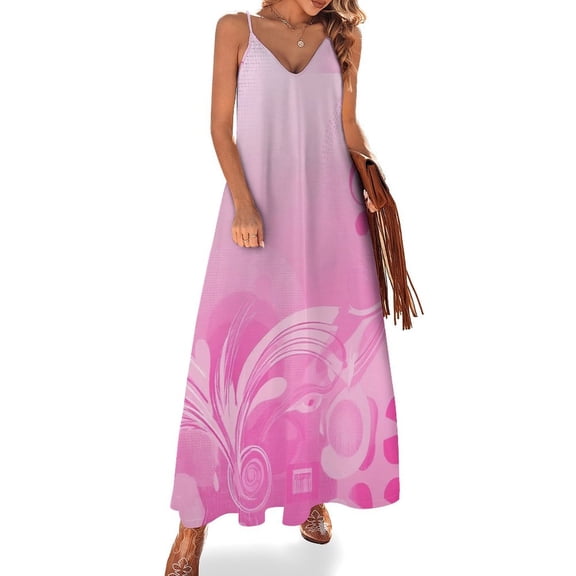 Pink Abstract Music Notes Pattern Sleeveless Suspender Dress Summer Fashion Casual Long Dress