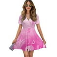 thumbnail image 1 of Pink Abstract Music Notes Pattern Women Dress V-Neck Short Sleeve Flowy Swing Party Midi Dress, 1 of 4