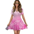 thumbnail image 1 of Pink Abstract Music Notes Pattern Women Dress V-Neck Short Sleeve Flowy Swing Party Midi Dress, 1 of 4