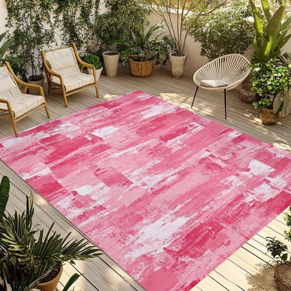 Pink Abstract Outdoor Rug for Patio/Deck/Porch, Non-Slip Large Area Rug 5 x 7 Ft, Vintage Geometric Gradient Oil Painting Modern Indoor Outdoor Rugs Washable Area Rugs, Camping Rug Carpet Runner