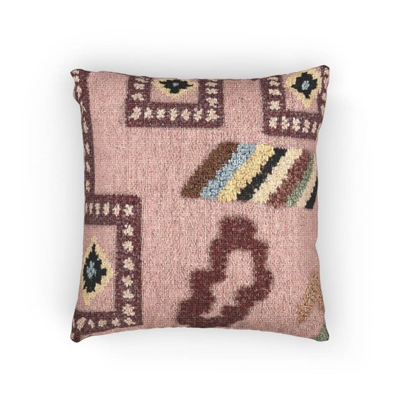 Pink Abstract Patchwork Decorative Woven Pillow, Cotton-Polyester Shell, Eclectic Geometric Floral Style
