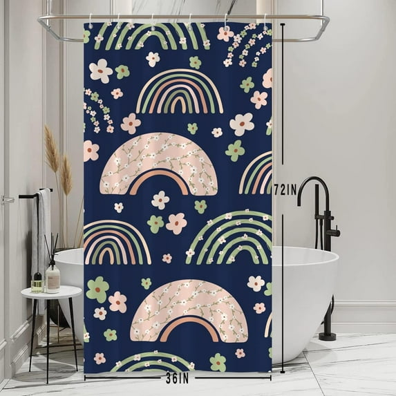 Pink Abstract Rainbow Shower Curtain Navy Blue Background Shower Curtain Spring Flowering Branches Girls Decorative Shower Curtain 72" L x 36" W Waterproof Polyester Fabric Set 6 Holes